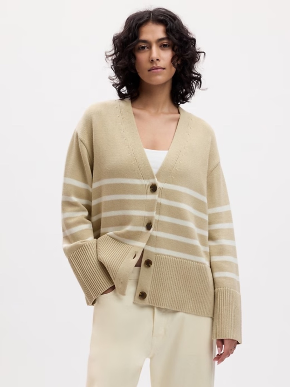 Gap $64.99 Women 24/7 Split-Hem Cardigan White Neutral Stripe 100% Cotton NWOT L